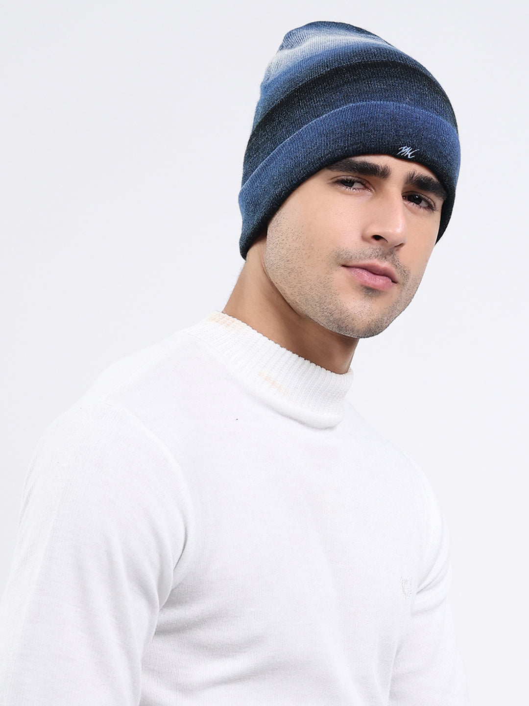 Men Navy Blue Self Design Blend Wool Cap