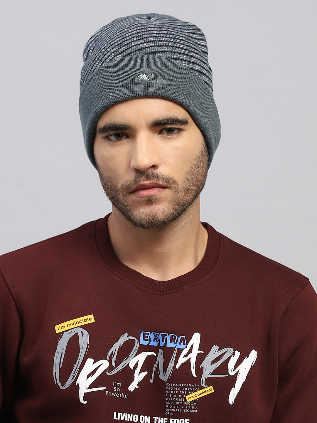 Men Grey Printed Blend Wool Cap