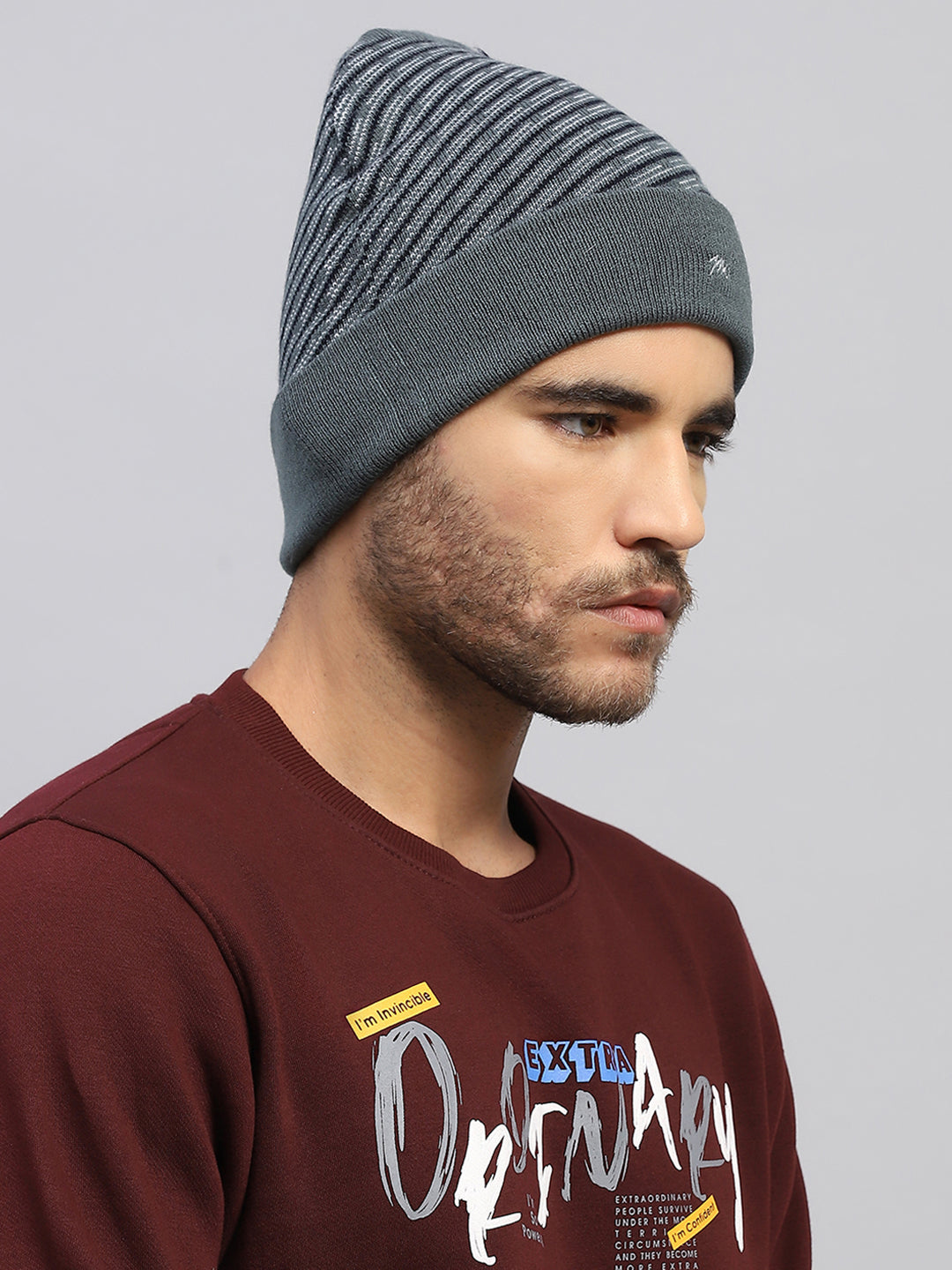 Men Grey Printed Blend Wool Cap