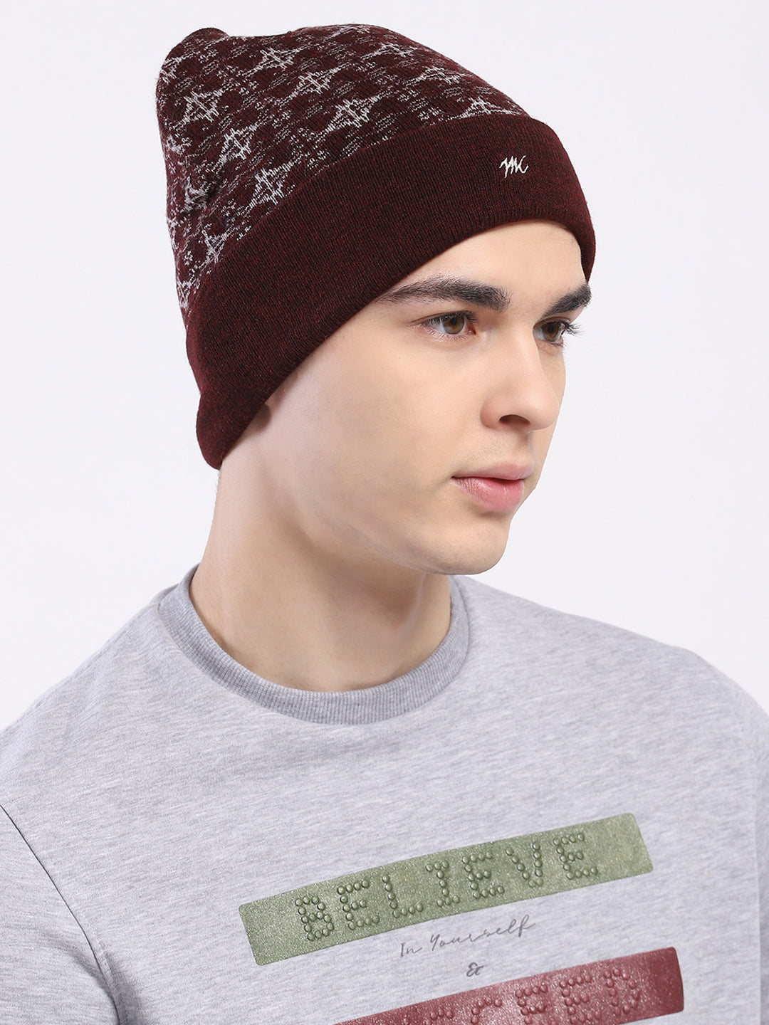 Men Maroon Self Design Blend Wool Cap