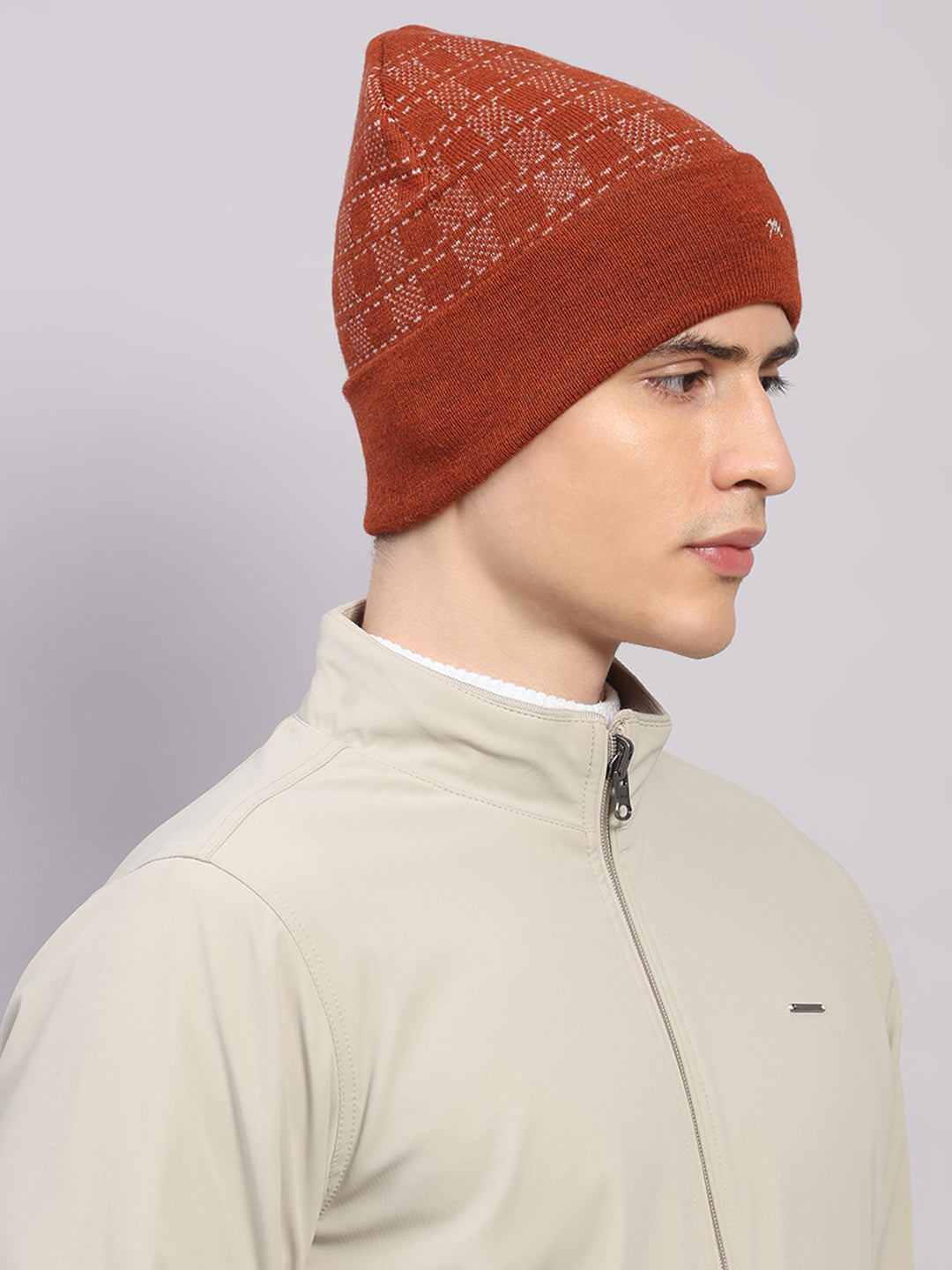 Men Rust Printed Blend Wool Cap