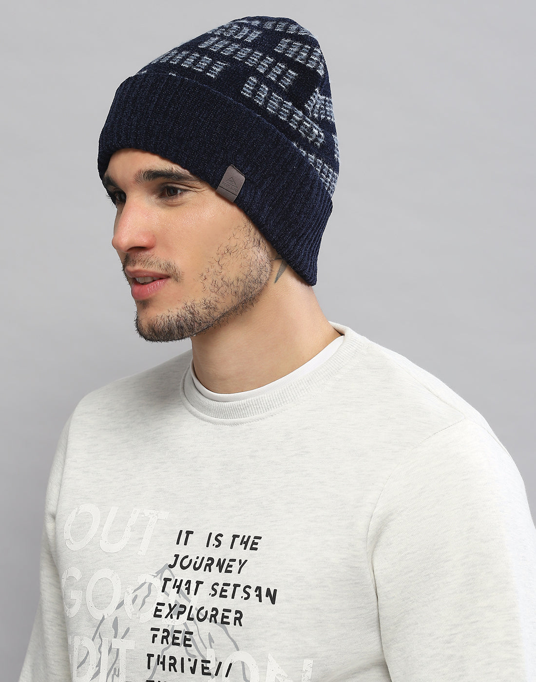 Men Navy Blue Printed Blend Wool Cap