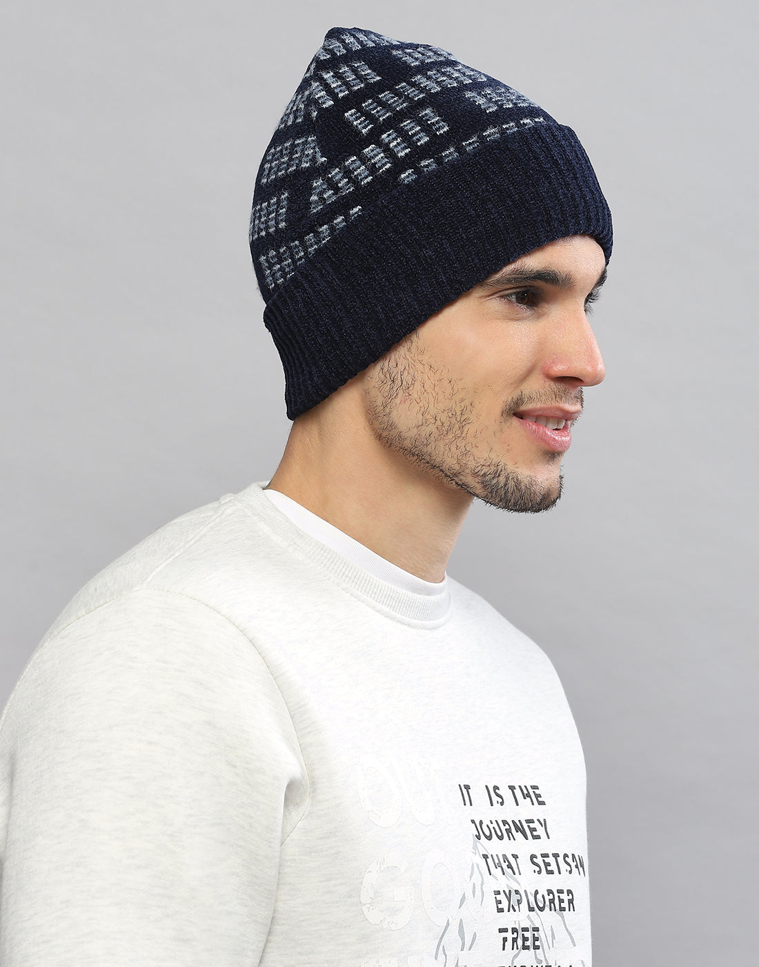 Men Navy Blue Printed Blend Wool Cap