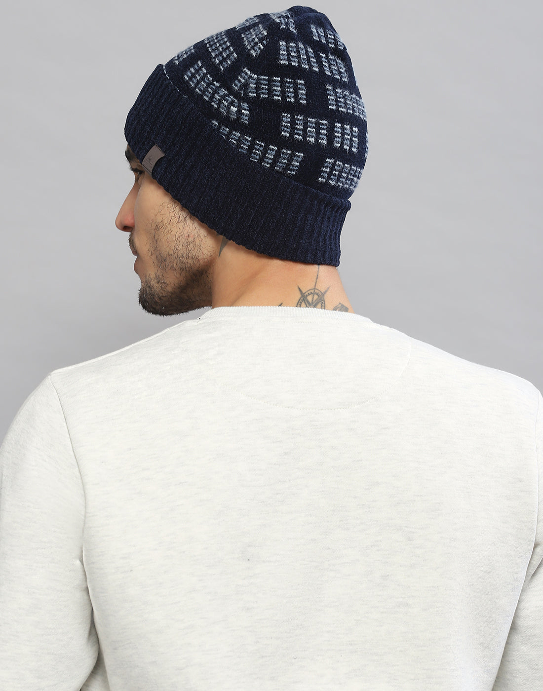 Men Navy Blue Printed Blend Wool Cap