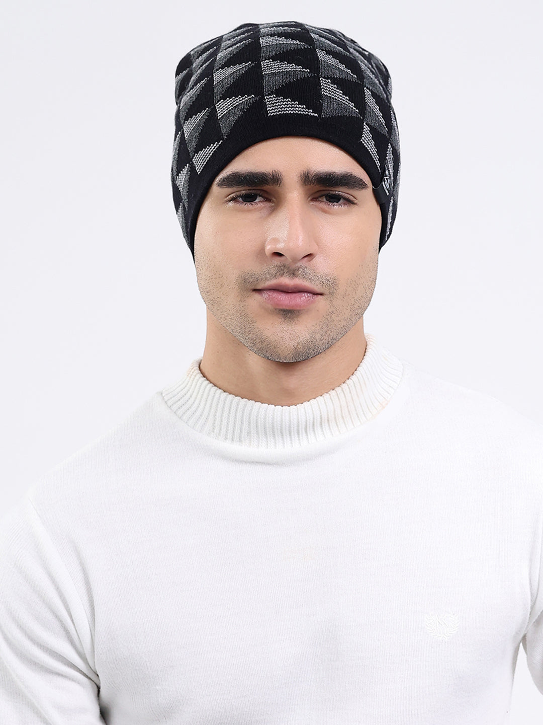 Men Black Self Design Blend Wool Cap