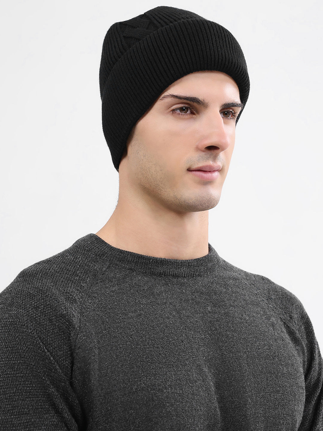 Men Grey Solid Blend Wool Cap