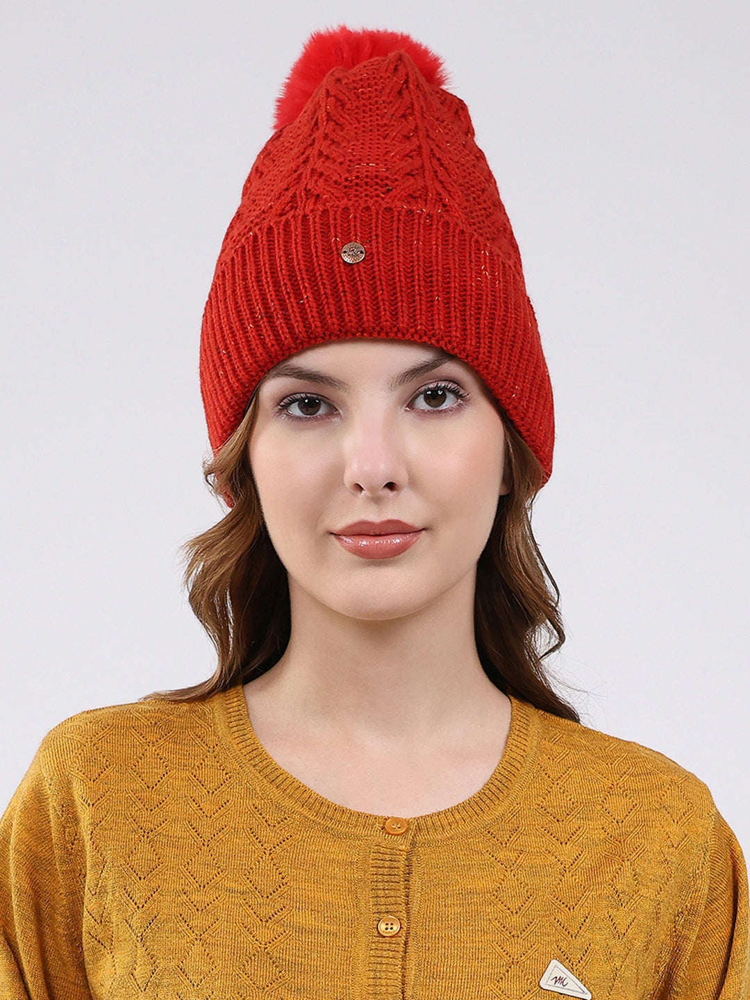 Women Red Self Design Blend Wool Cap