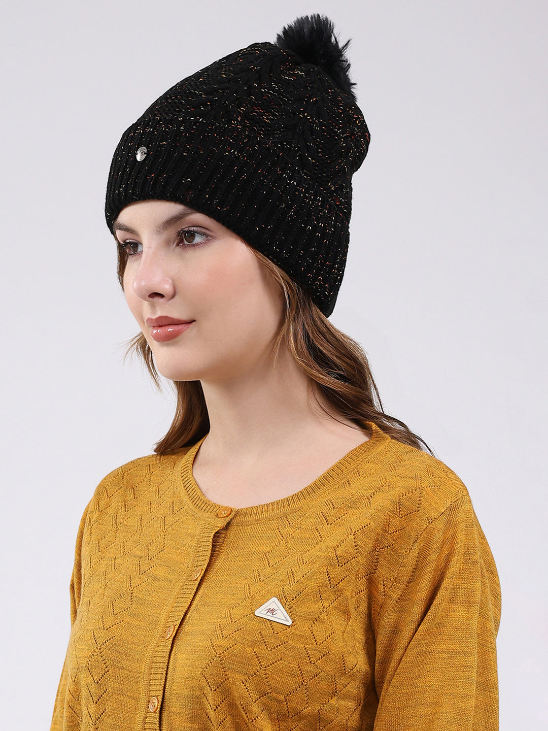 Women Black Self Design Blend Wool Cap