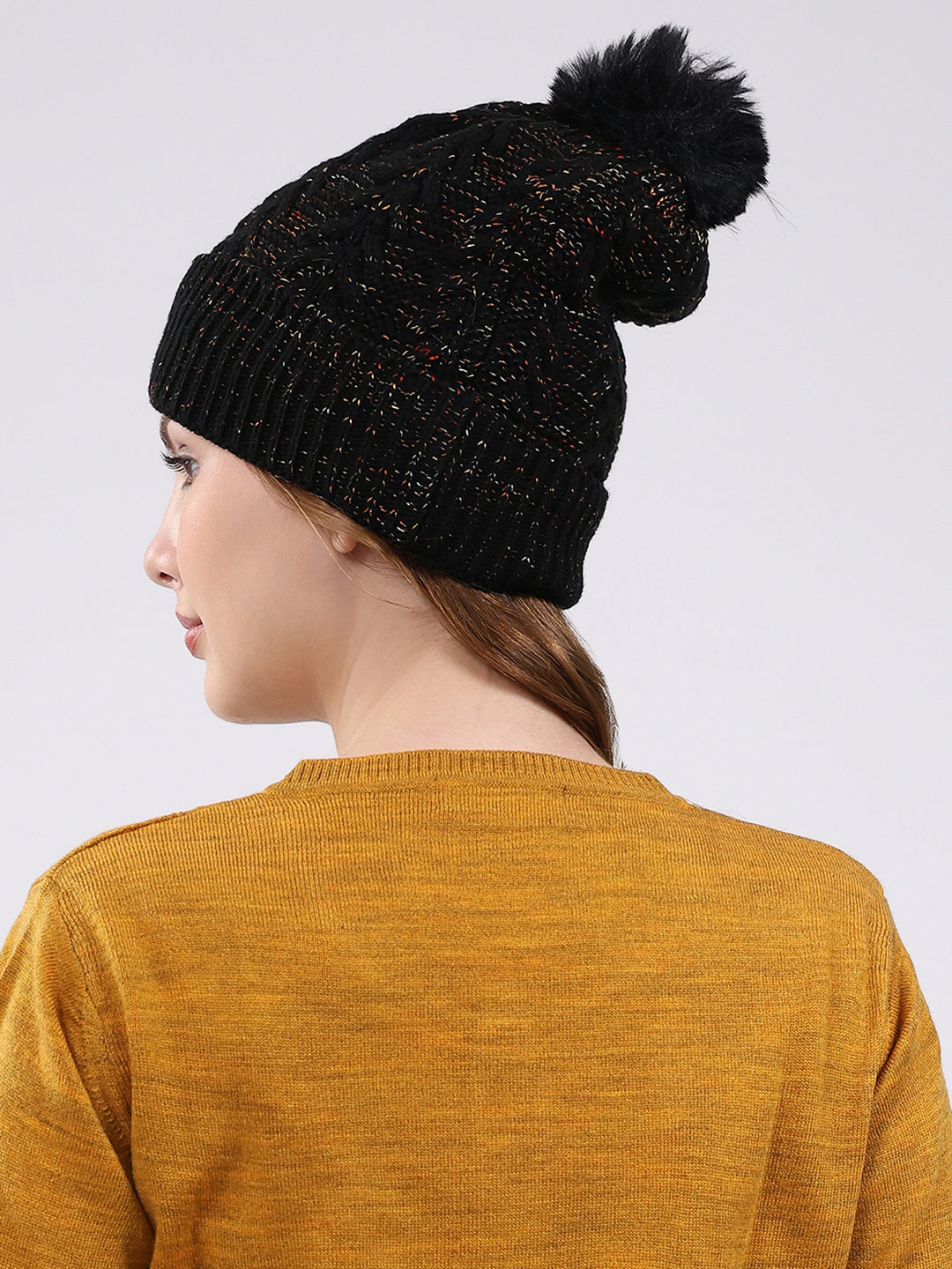 Women Black Self Design Blend Wool Cap