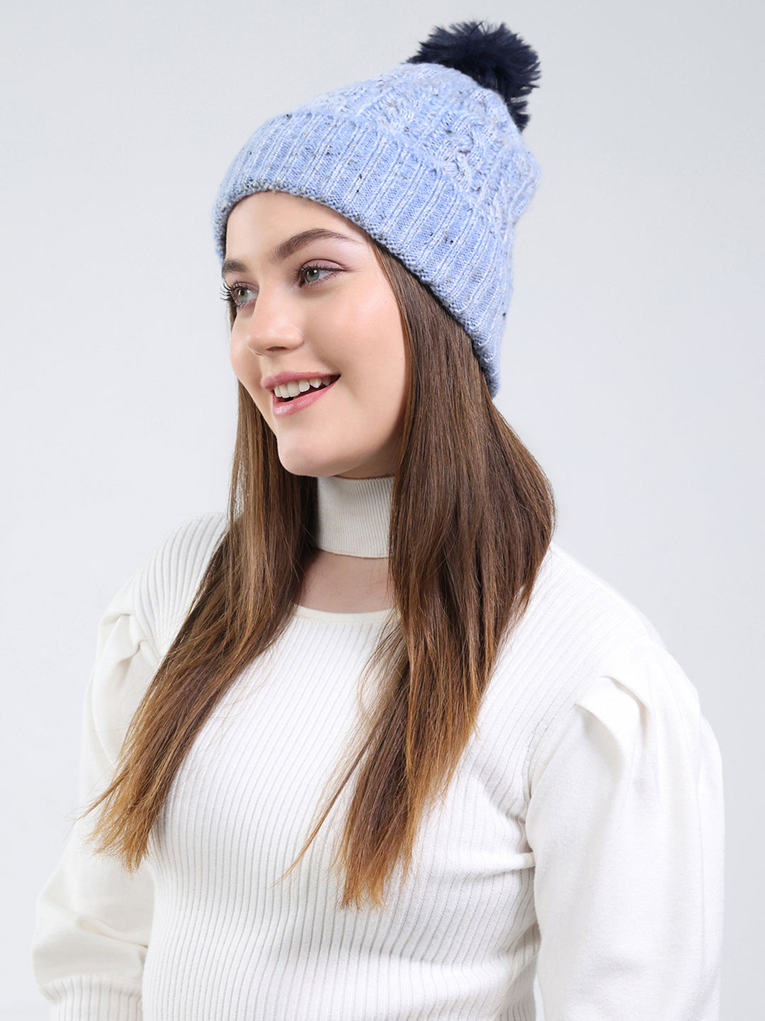 Women Blue Self Design Blend Wool Cap