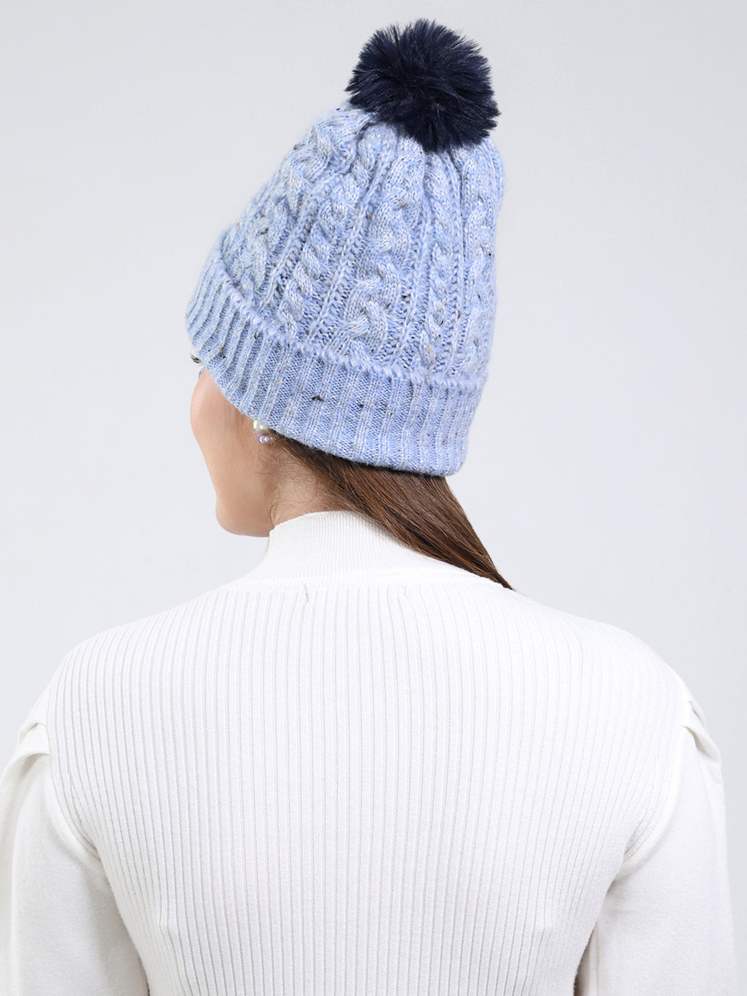 Women Blue Self Design Blend Wool Cap