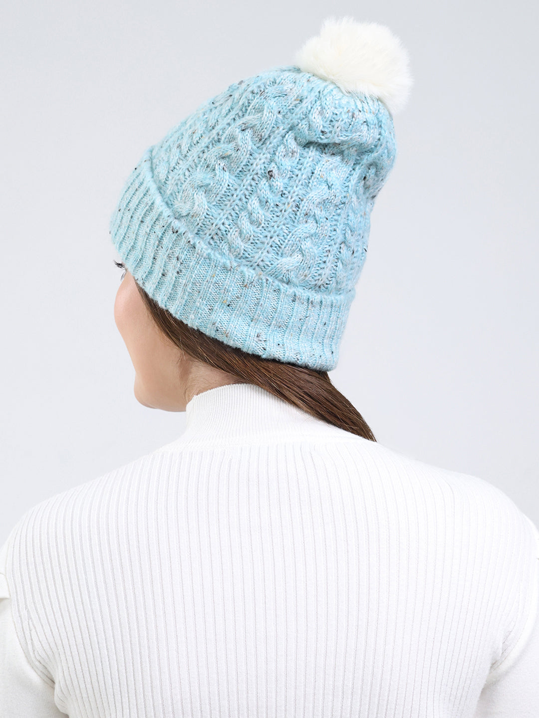 Women Blue Self Design Blend Wool Cap