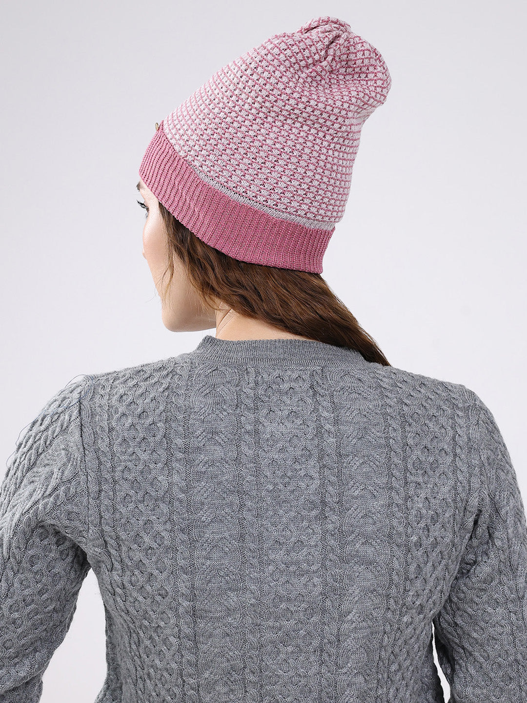 Women Pink Self Design Blend Wool Cap