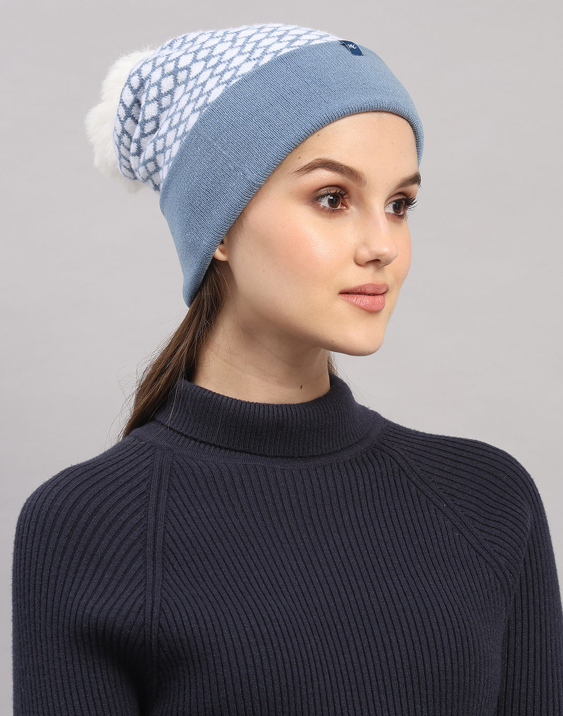 Women Light Blue Self Design Blend Wool Cap