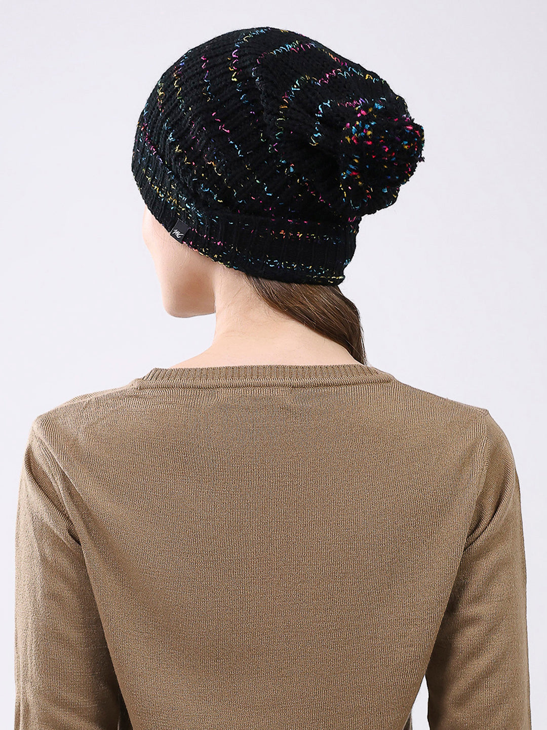 Women Black Self Design Blend Wool Cap