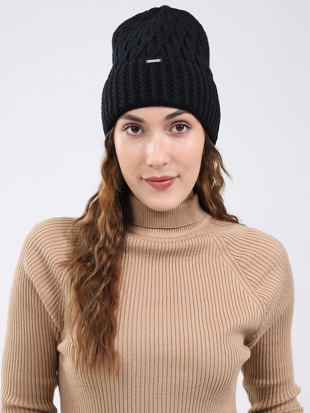 Women Black Self Design Blend Wool Cap