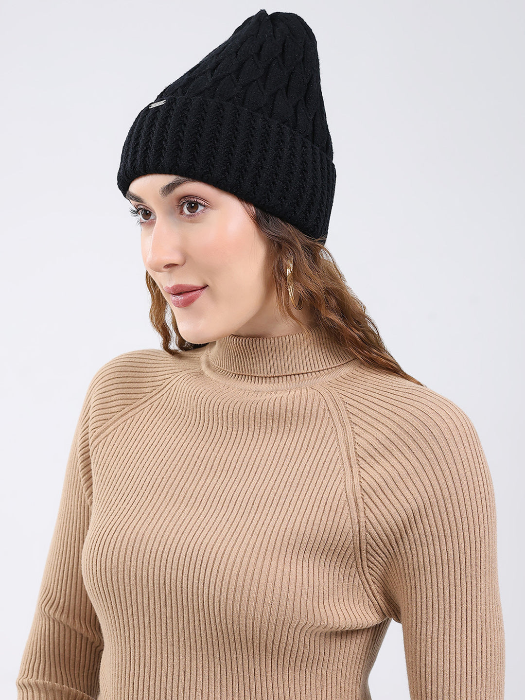Women Black Self Design Blend Wool Cap