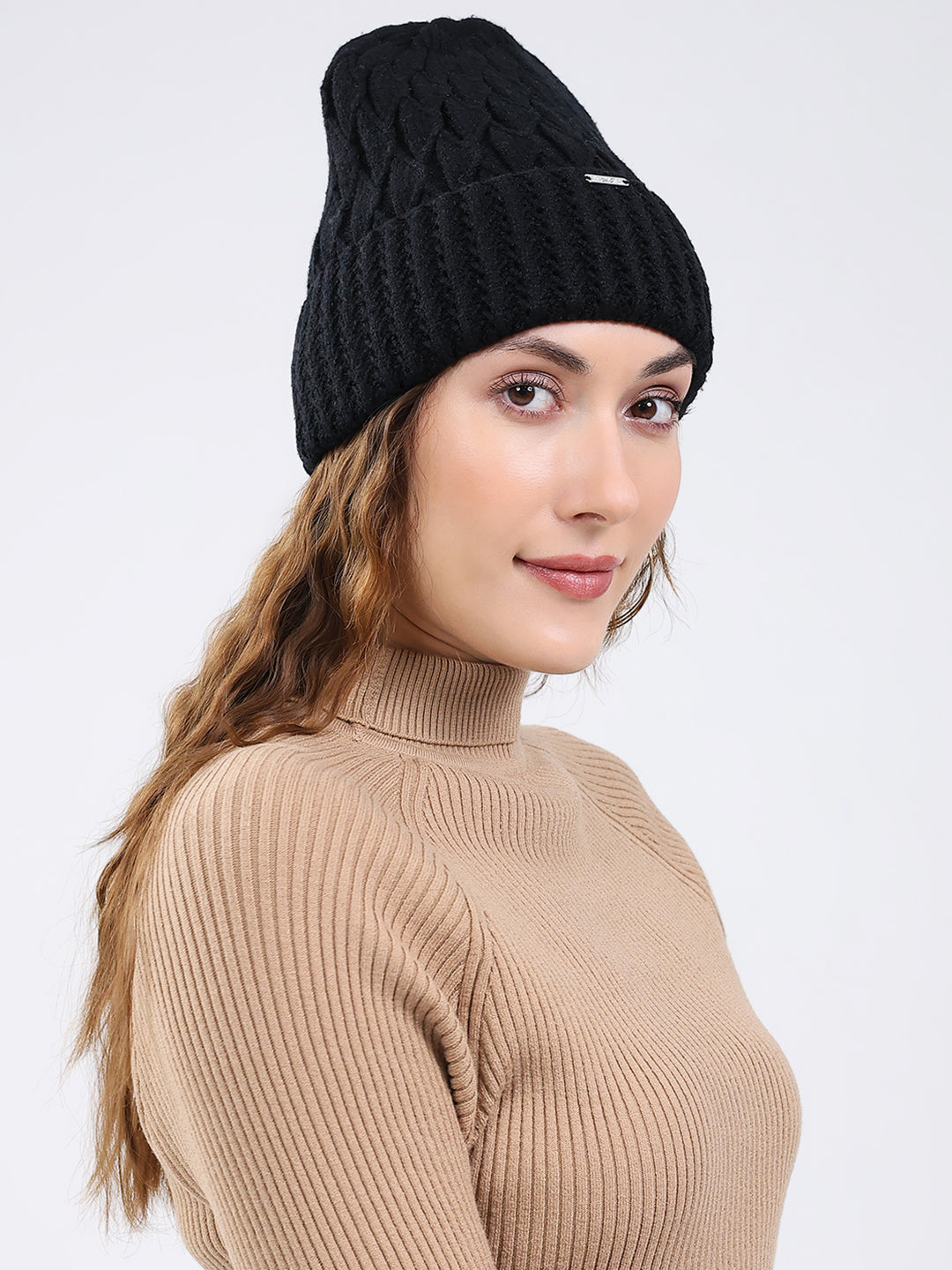 Women Black Self Design Blend Wool Cap