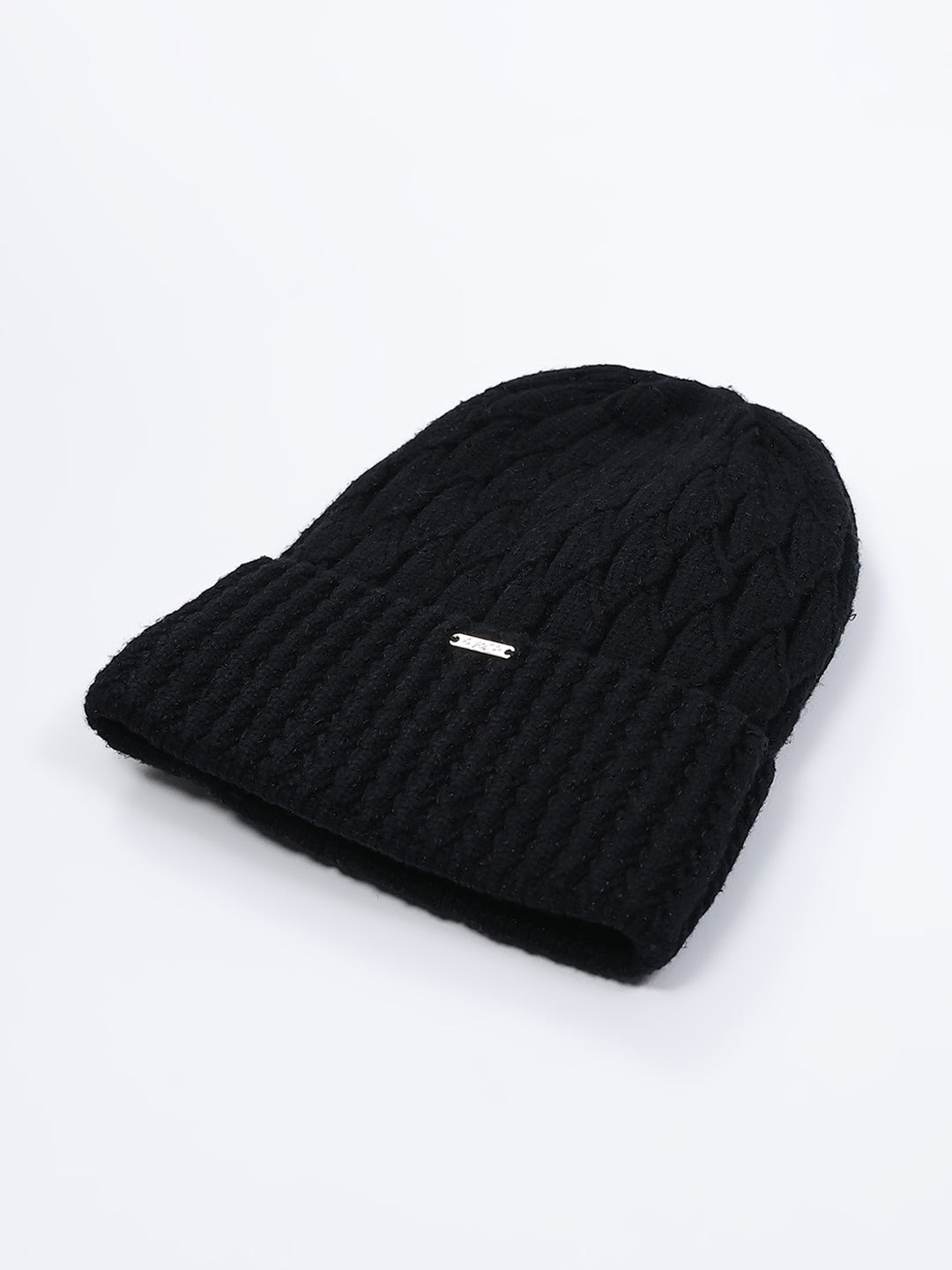 Women Black Self Design Blend Wool Cap