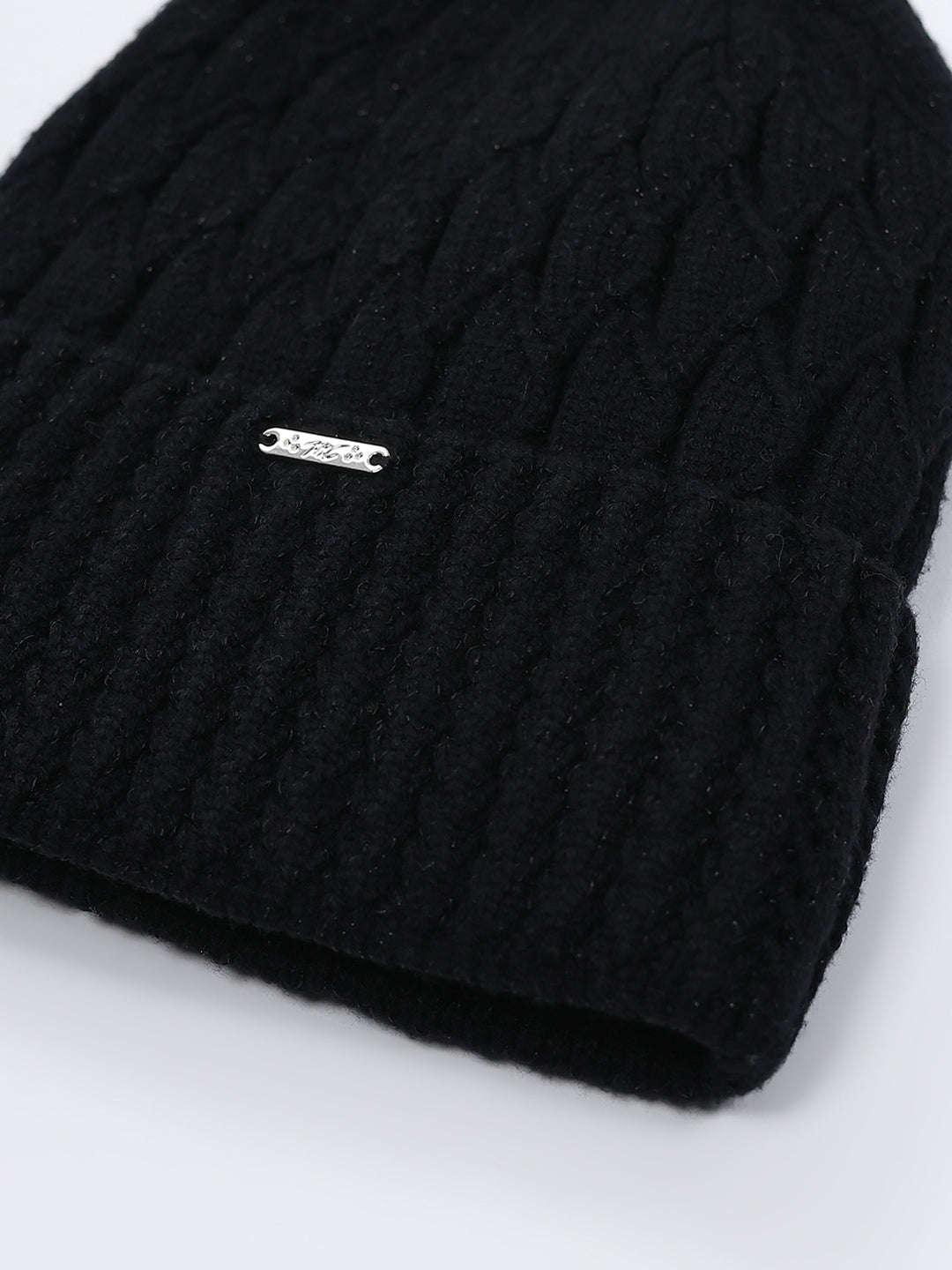 Women Black Self Design Blend Wool Cap