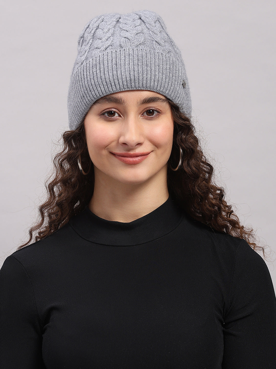 Women Grey Printed Blend Wool Cap