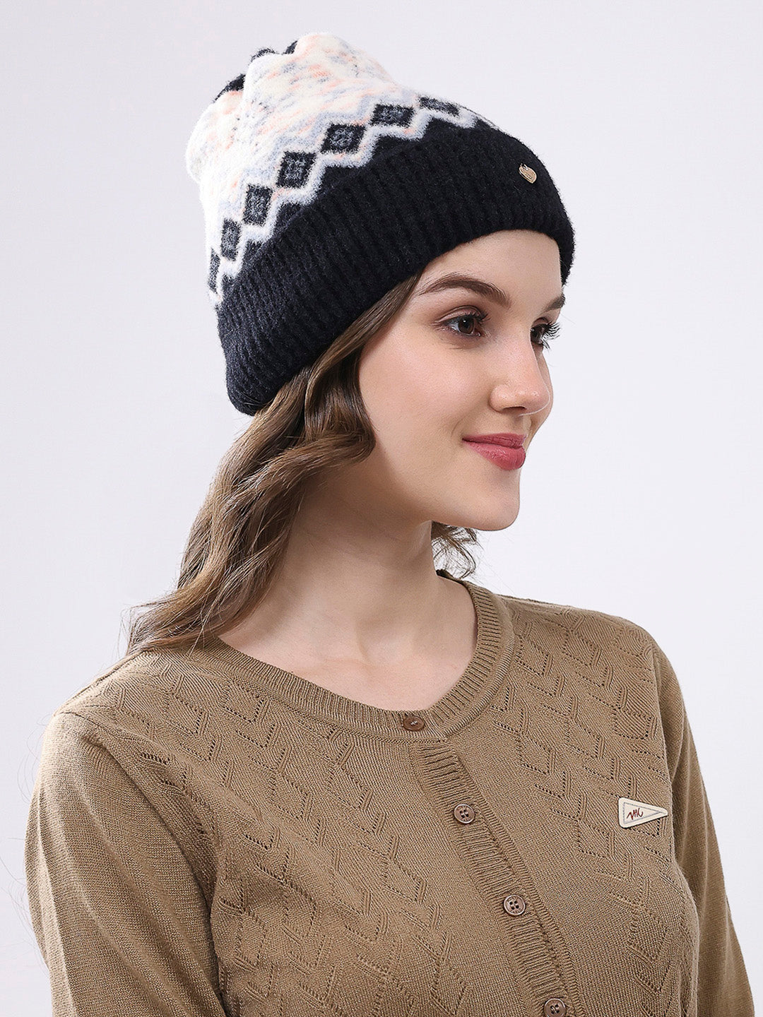 Women Black Self Design Blend Wool Cap