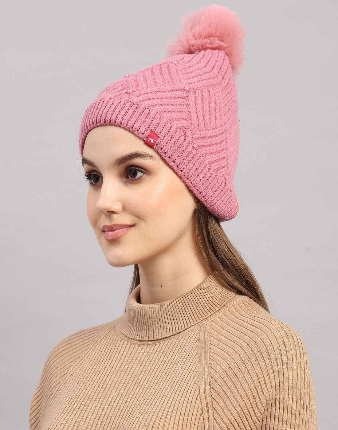 Women Pink Self Design Blend Wool Cap