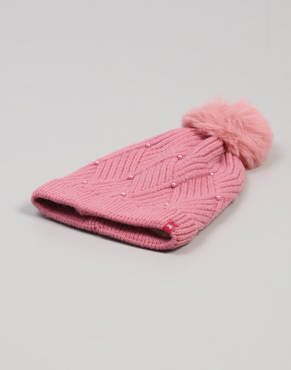Women Pink Self Design Blend Wool Cap