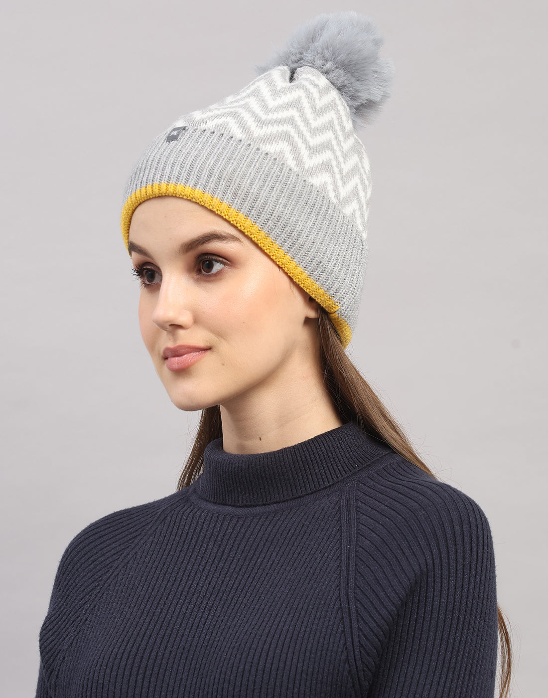 Women Grey Self Design Blend Wool Cap