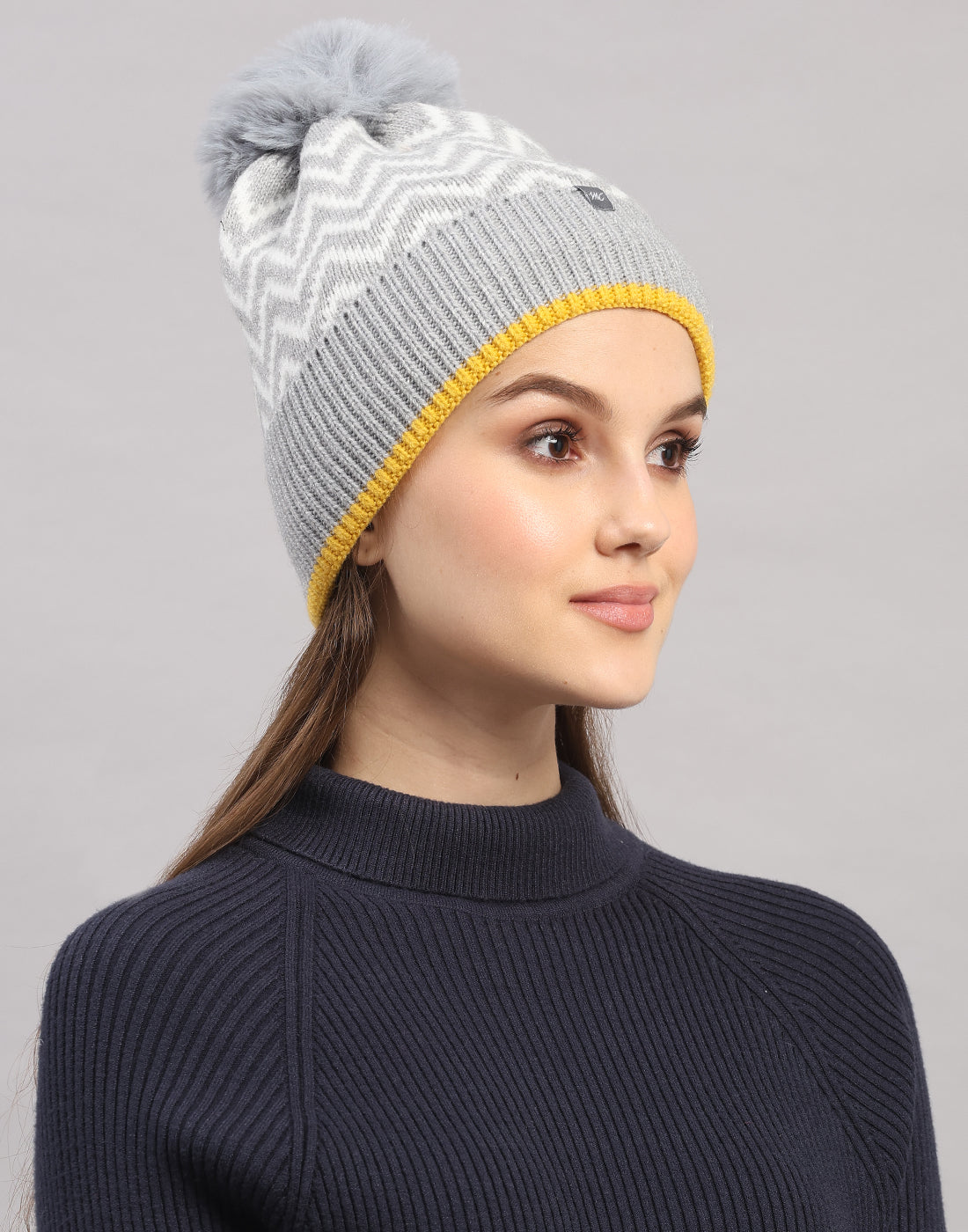 Women Grey Self Design Blend Wool Cap