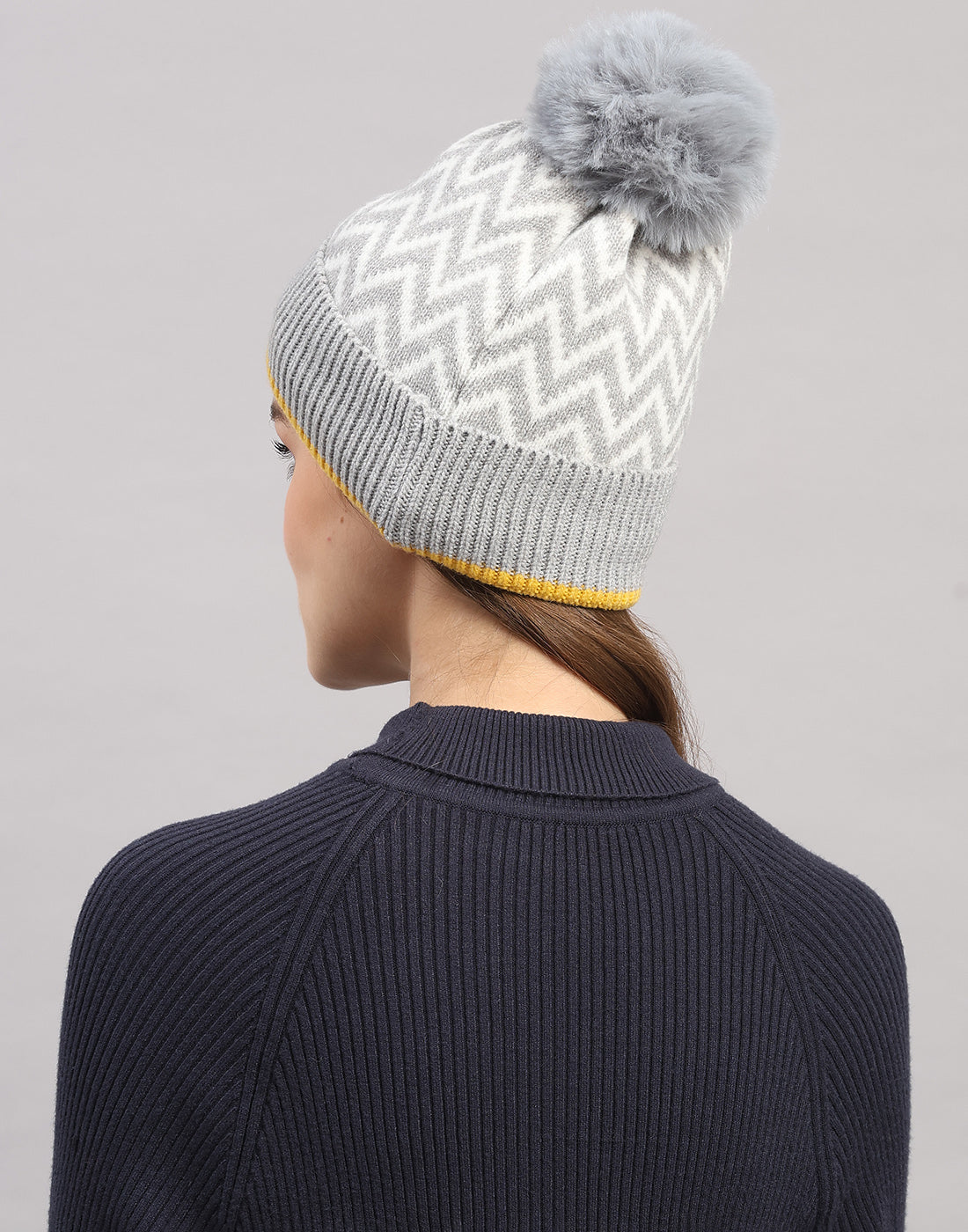 Women Grey Self Design Blend Wool Cap