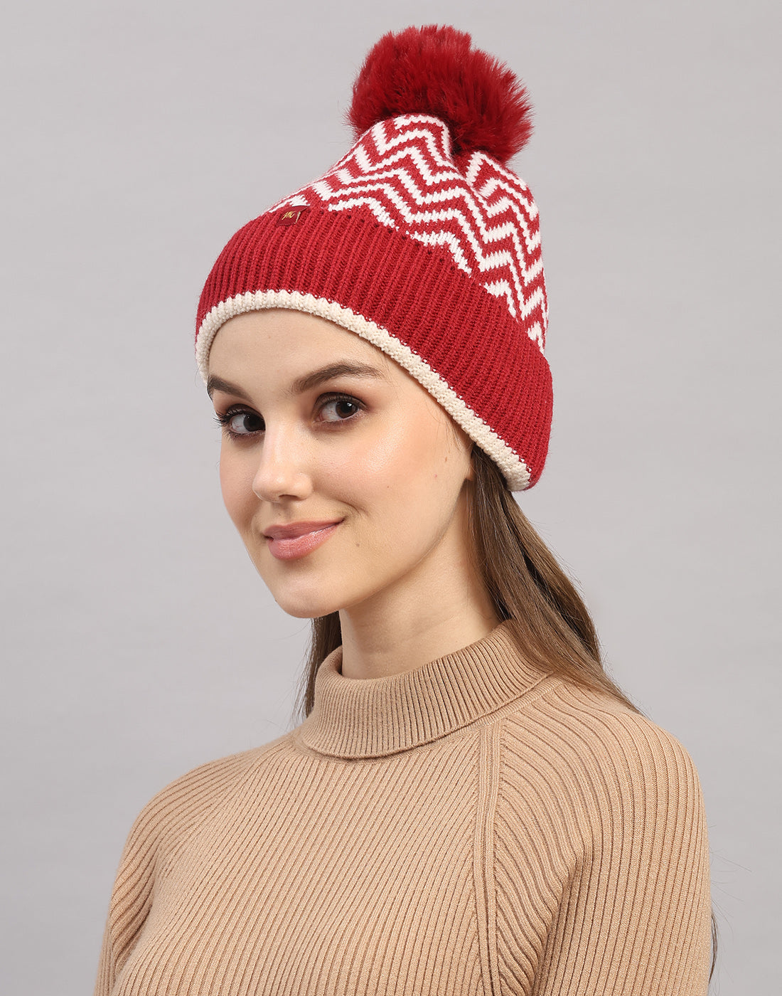 Women Maroon Self Design Blend Wool Cap