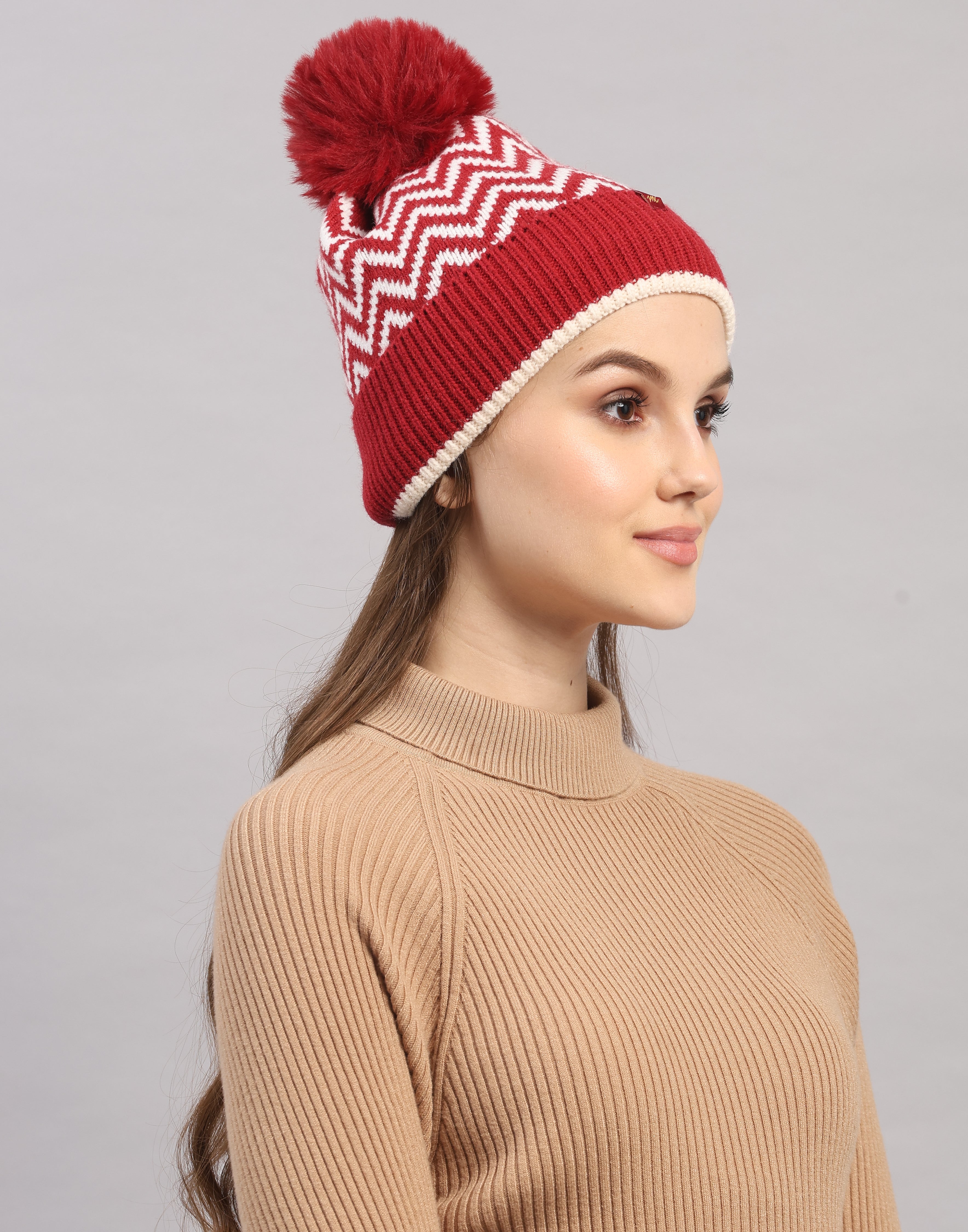 Women Maroon Self Design Blend Wool Cap