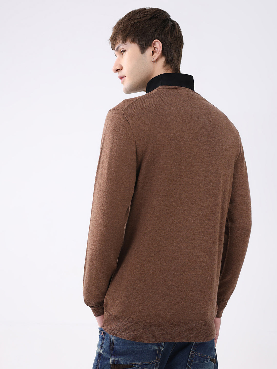 Luxuria Men Brown Solid V Neck Full Sleeve Pullover