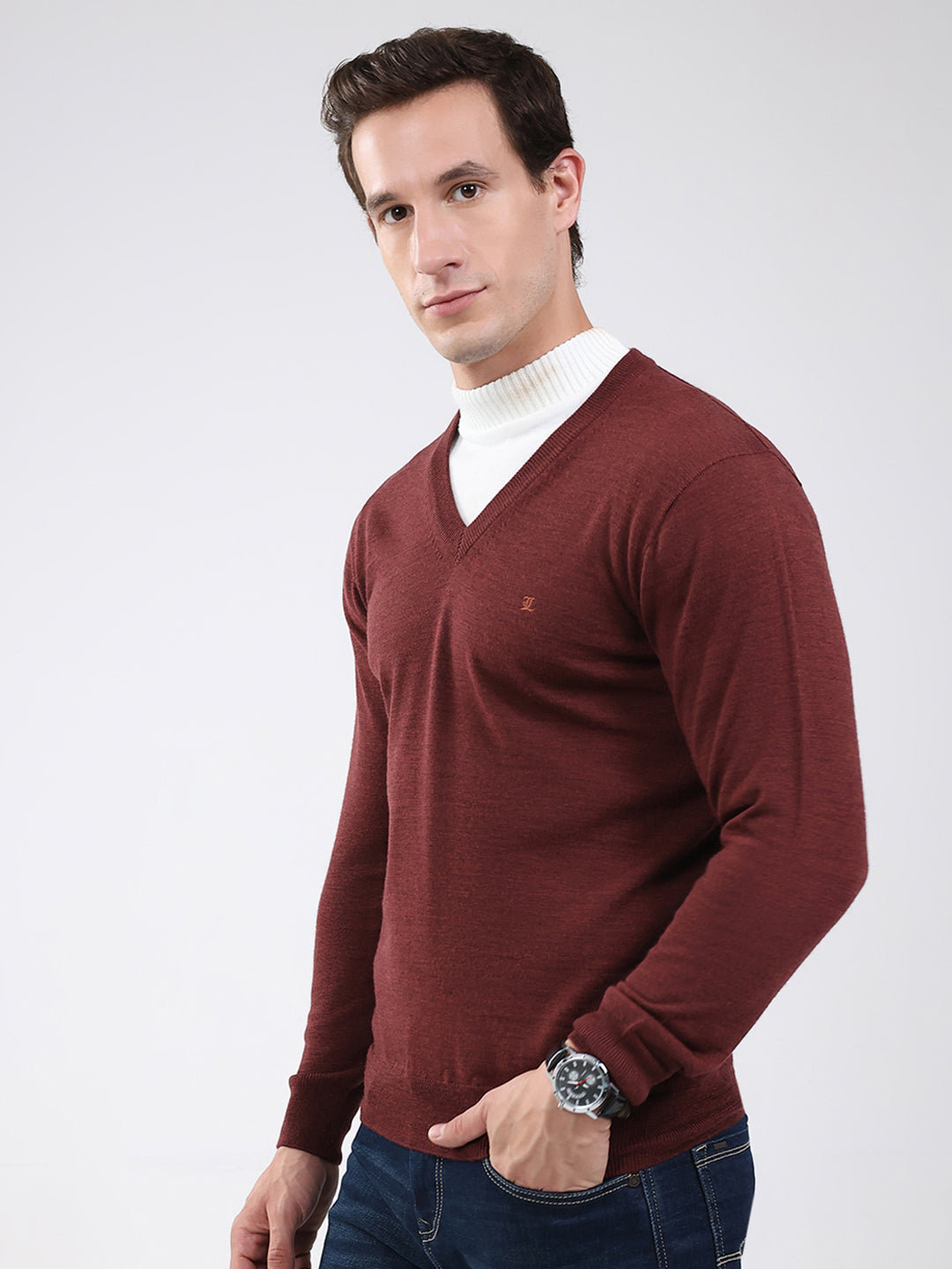 Luxuria Men Maroon Solid V Neck Full Sleeve Pullover