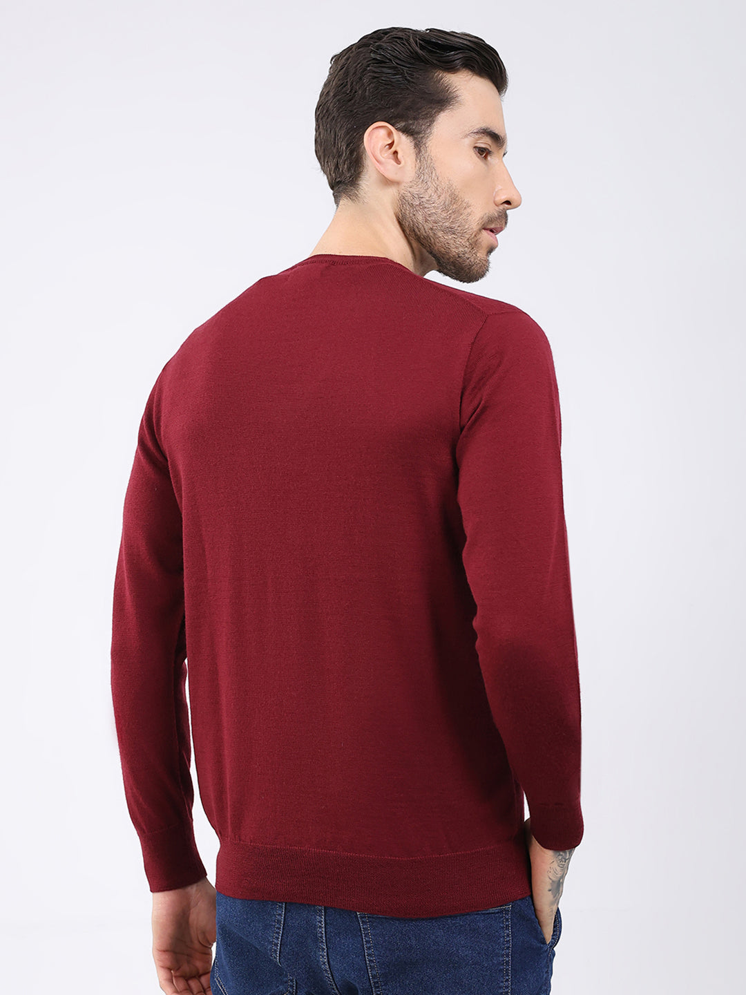 Luxuria Men Maroon Solid V Neck Full Sleeve Pullover