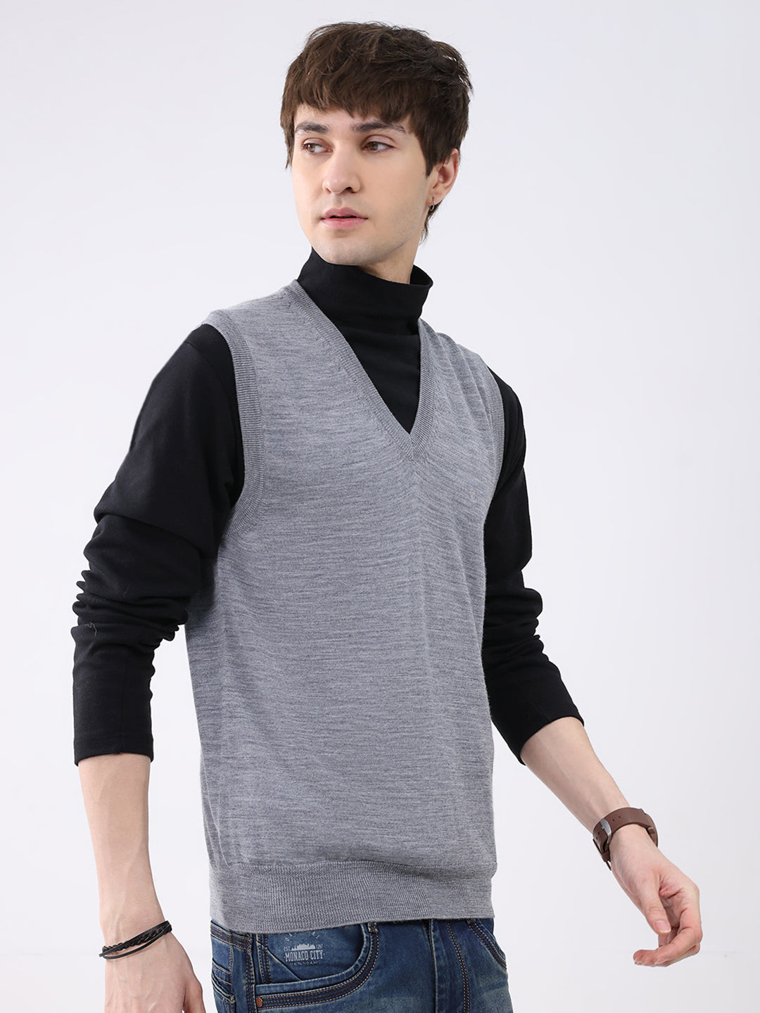 Luxuria Men Grey Solid V Neck Sleeveless Sweater