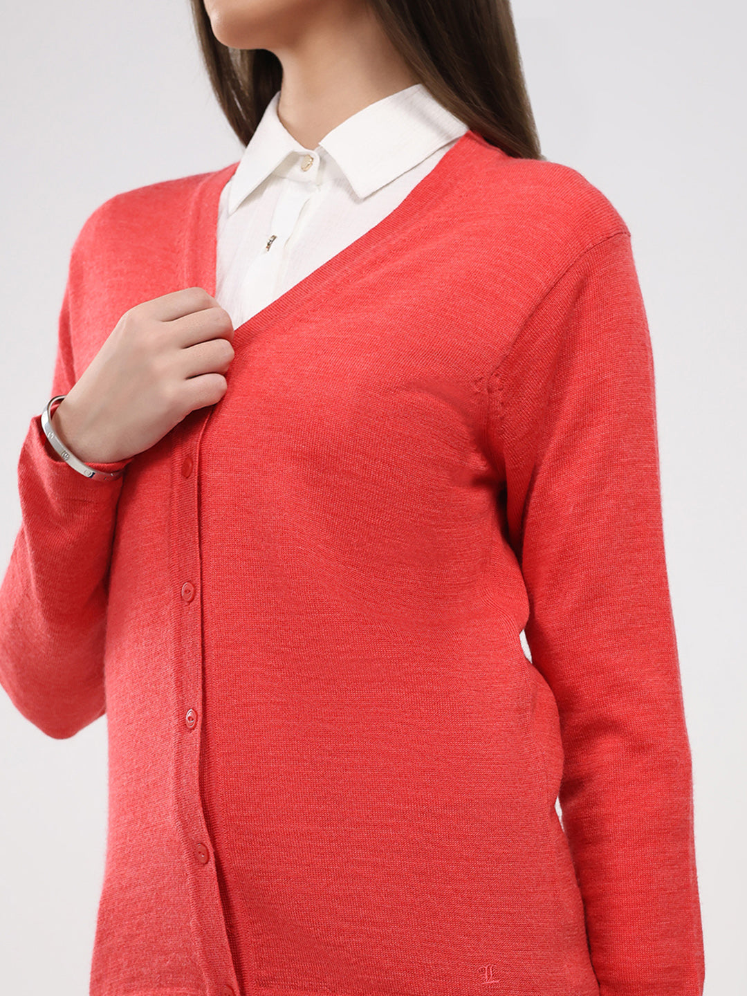 Luxuria Women Pink Solid V Neck Full Sleeve Cardigan