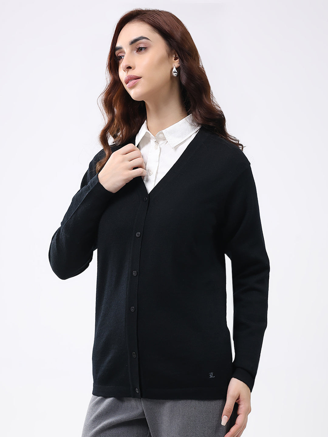 Luxuria Women Black Solid V Neck Full Sleeve Cardigan