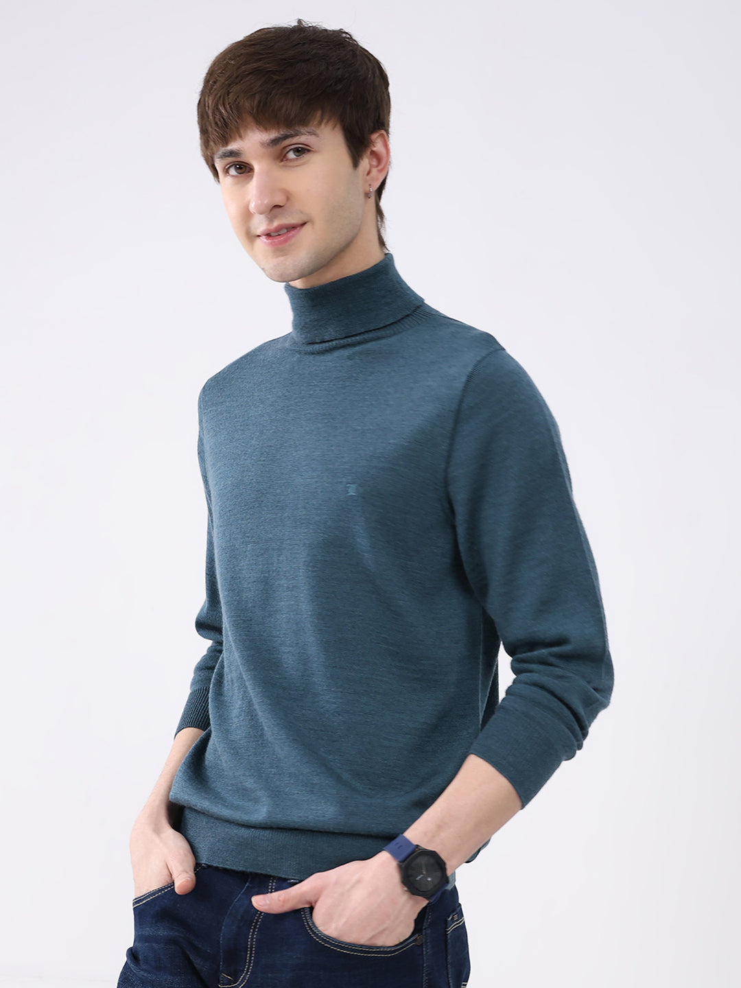 Luxuria Men Teal Blue Solid High Neck Full Sleeve Pullover