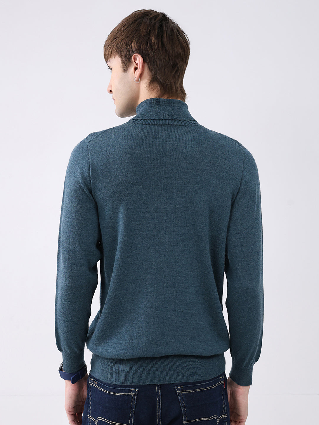 Luxuria Men Teal Blue Solid High Neck Full Sleeve Pullover