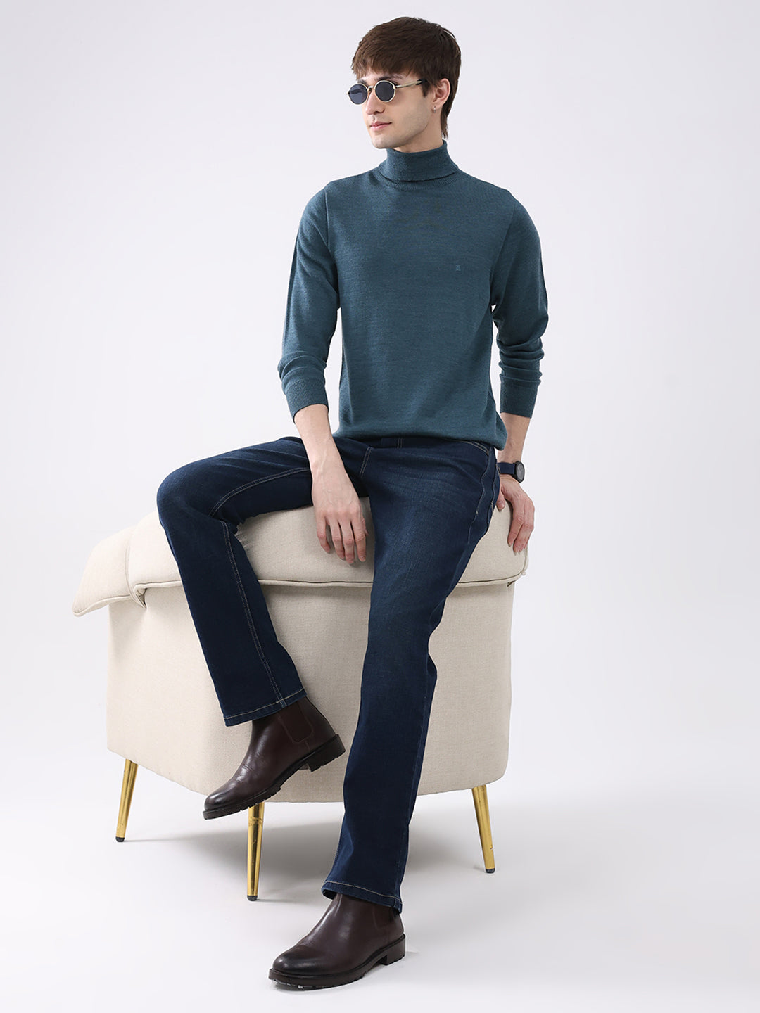 Luxuria Men Teal Blue Solid High Neck Full Sleeve Pullover