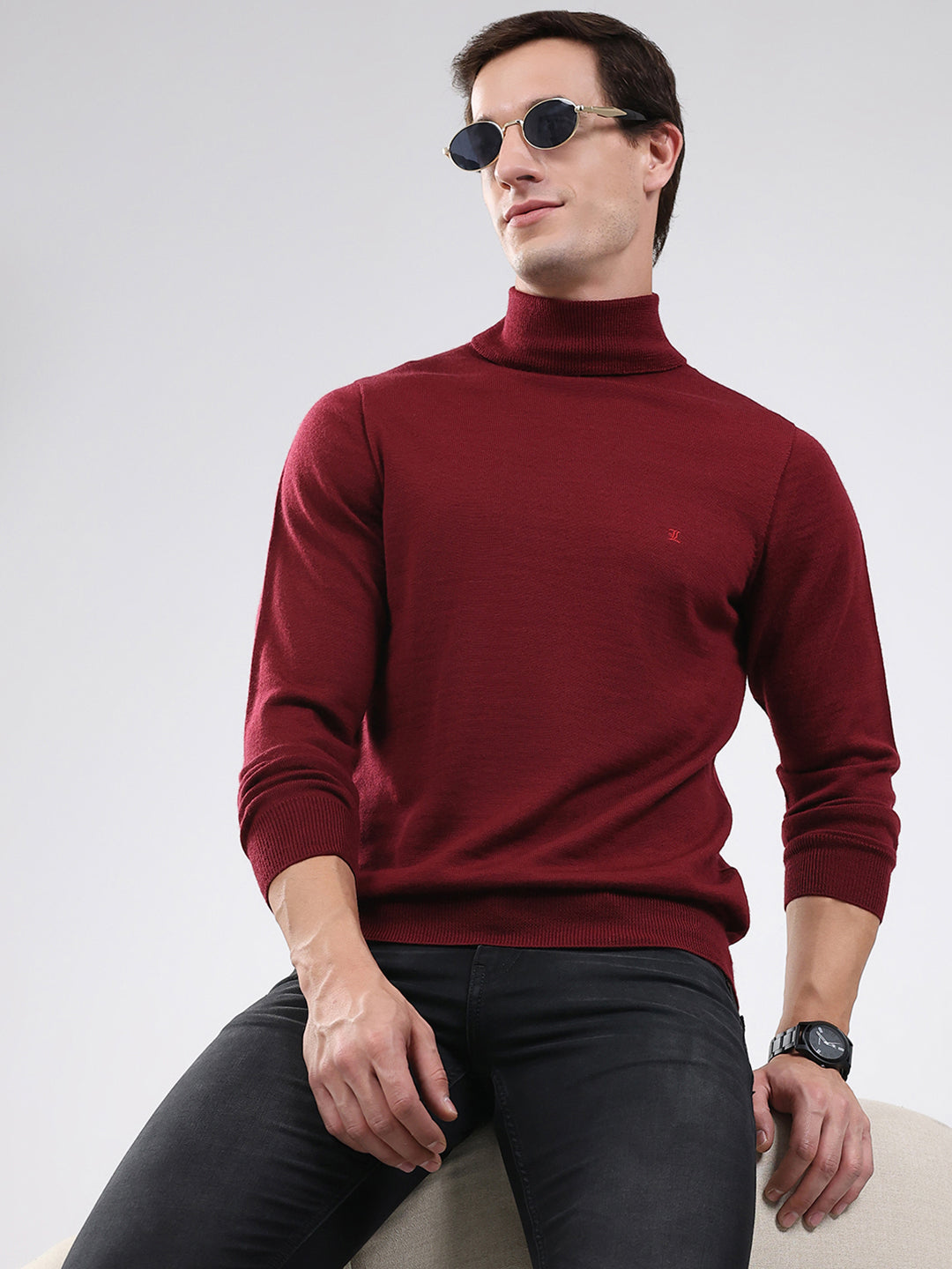 Luxuria Men Maroon Solid High Neck Full Sleeve Pullover