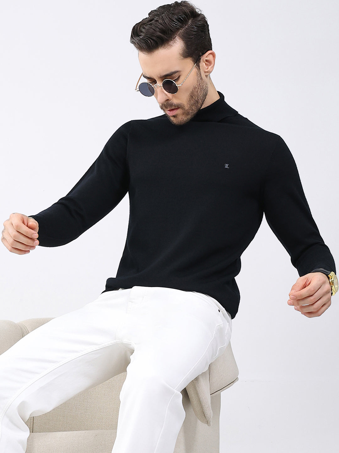 Luxuria Men Black Solid High Neck Full Sleeve Pullover