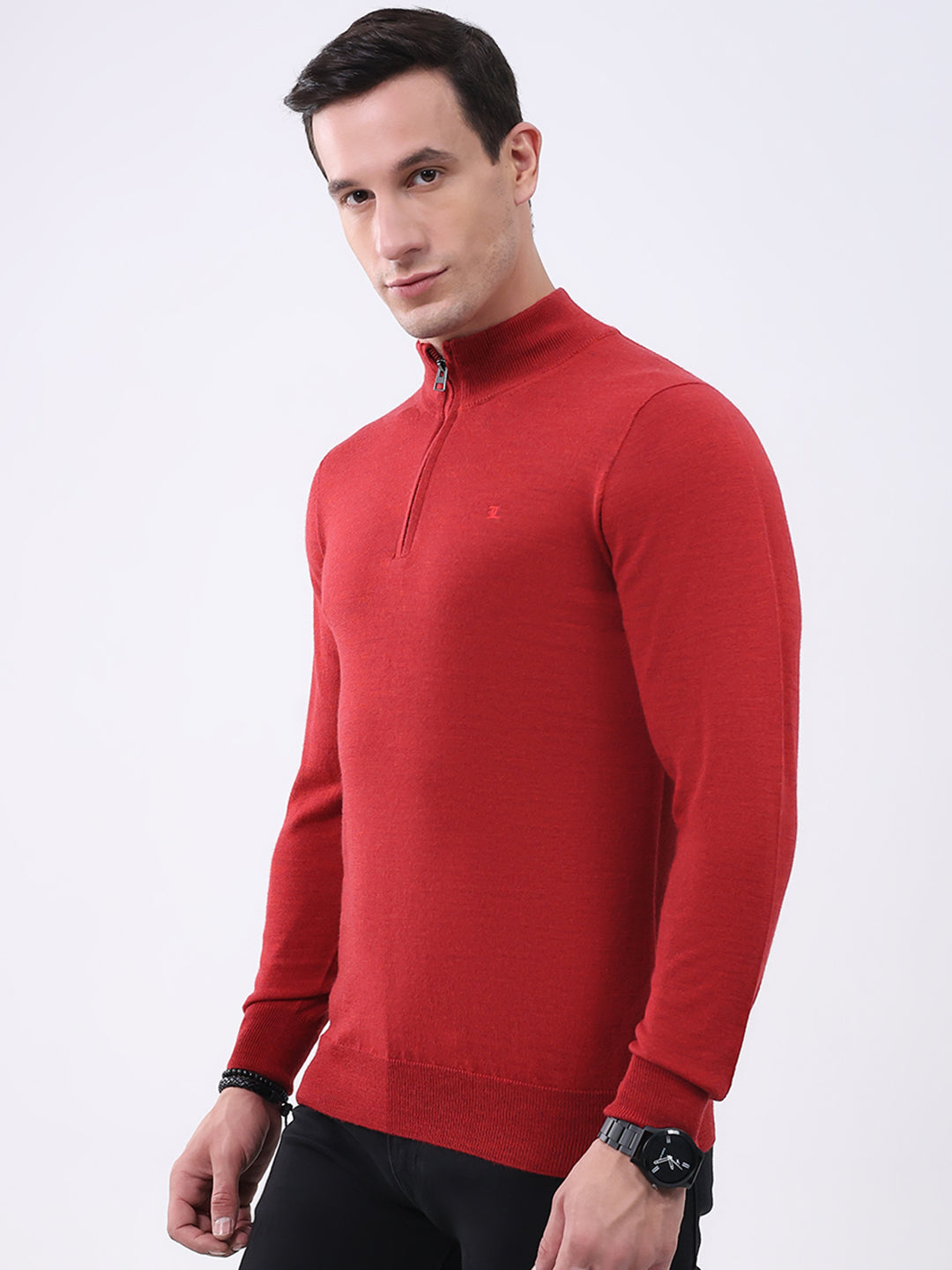 Luxuria Men Maroon Solid Mock Neck Full Sleeve Pullover