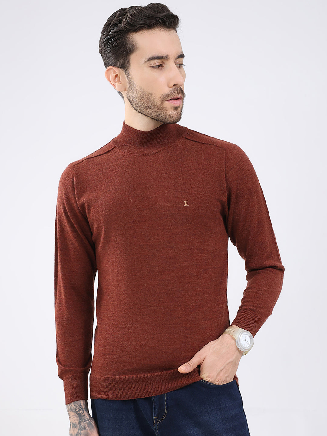 Luxuria Men Rust Solid High Neck Full Sleeve Pullover