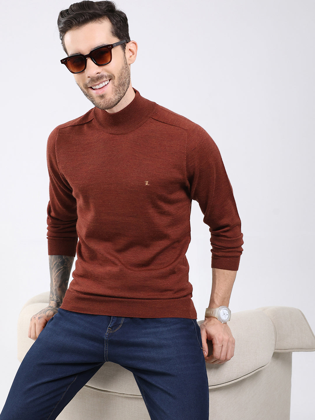 Luxuria Men Rust Solid High Neck Full Sleeve Pullover