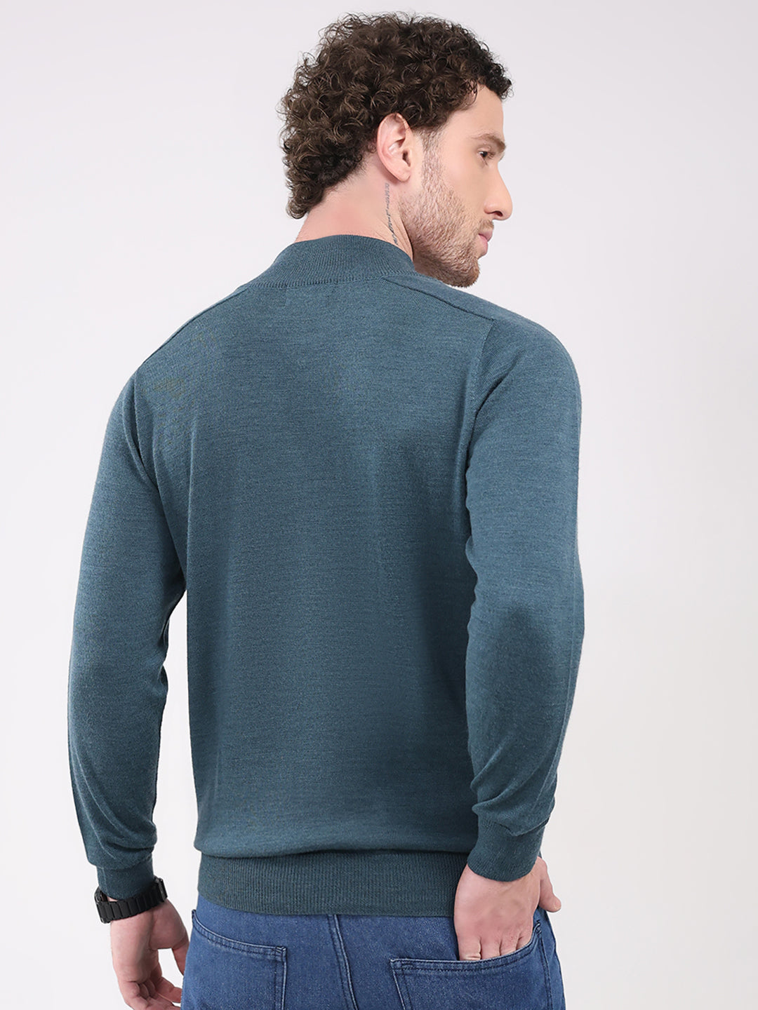 Luxuria Men Teal Blue Solid T Neck Full Sleeve Pullover