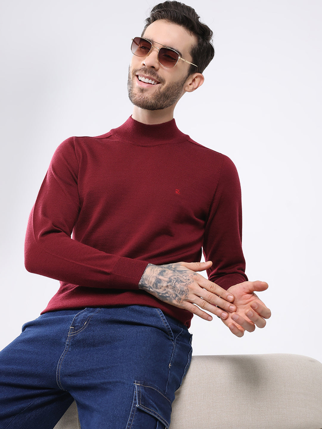 Luxuria Men Maroon Solid High Neck Full Sleeve Pullover