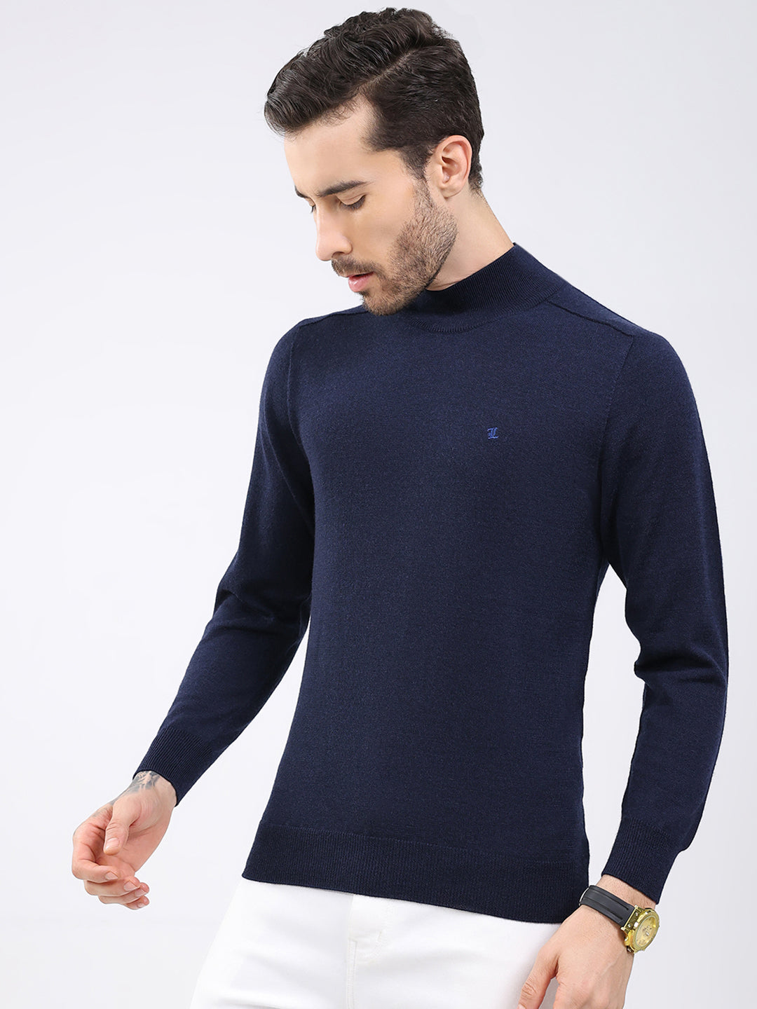 Luxuria Men Navy Blue Solid High Neck Full Sleeve Pullover